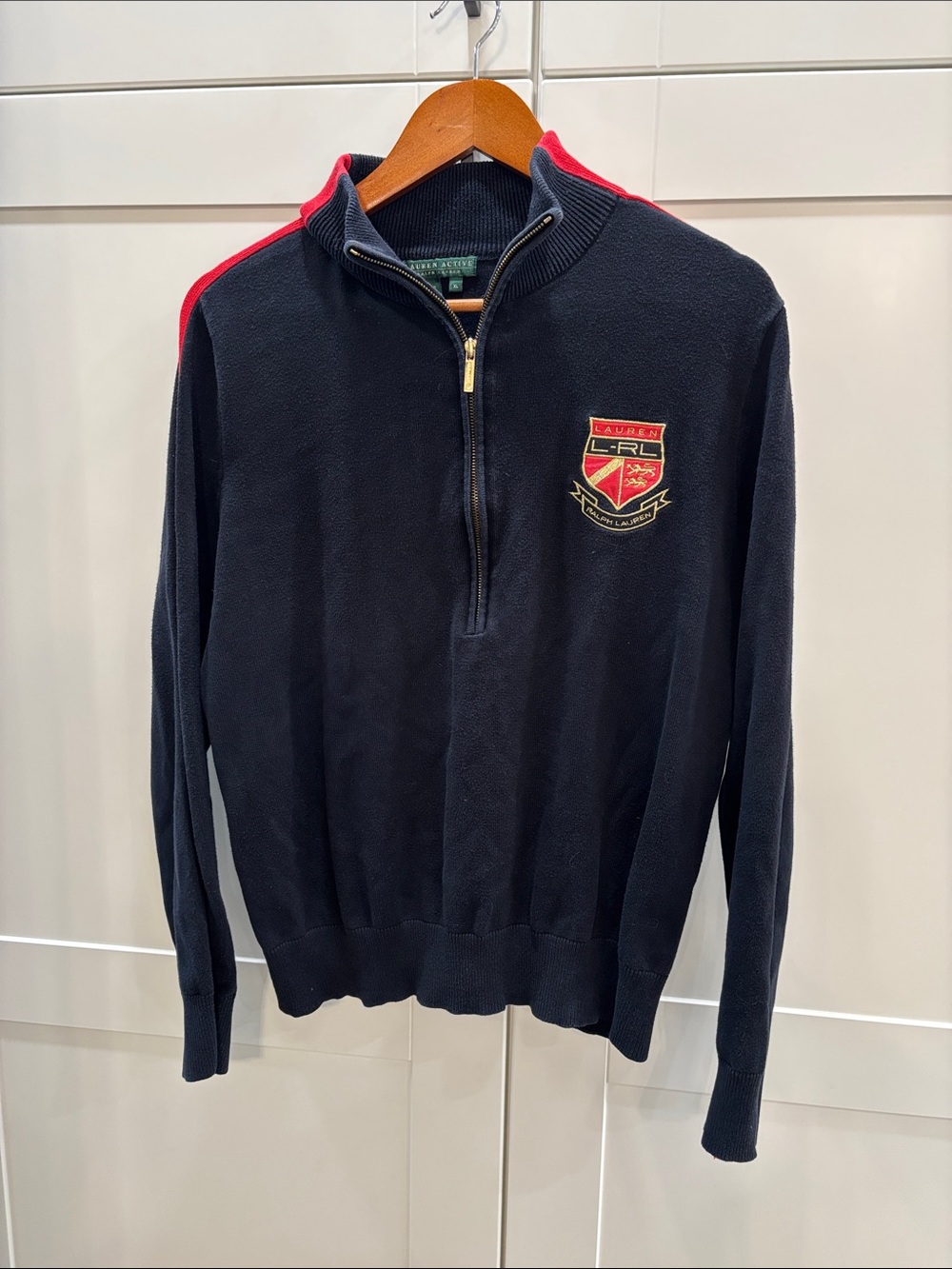 Polo by Ralph Lauren Black Half-Zip Sweater with Red Shoulder Trim and Crest